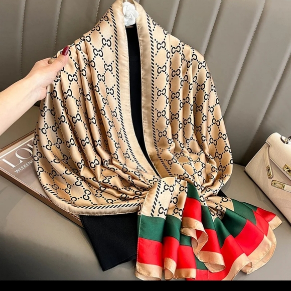 Gucci Accessories - Designer Beige and Red Silk Scarf